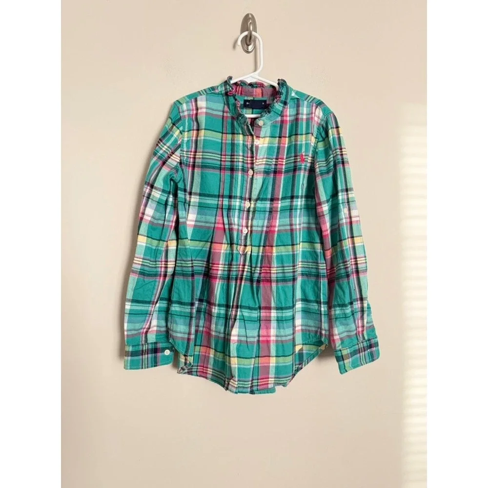 Ralph Lauren Girls Green Pink Plaid Ruffle Collar Button Down Shirt Size 10